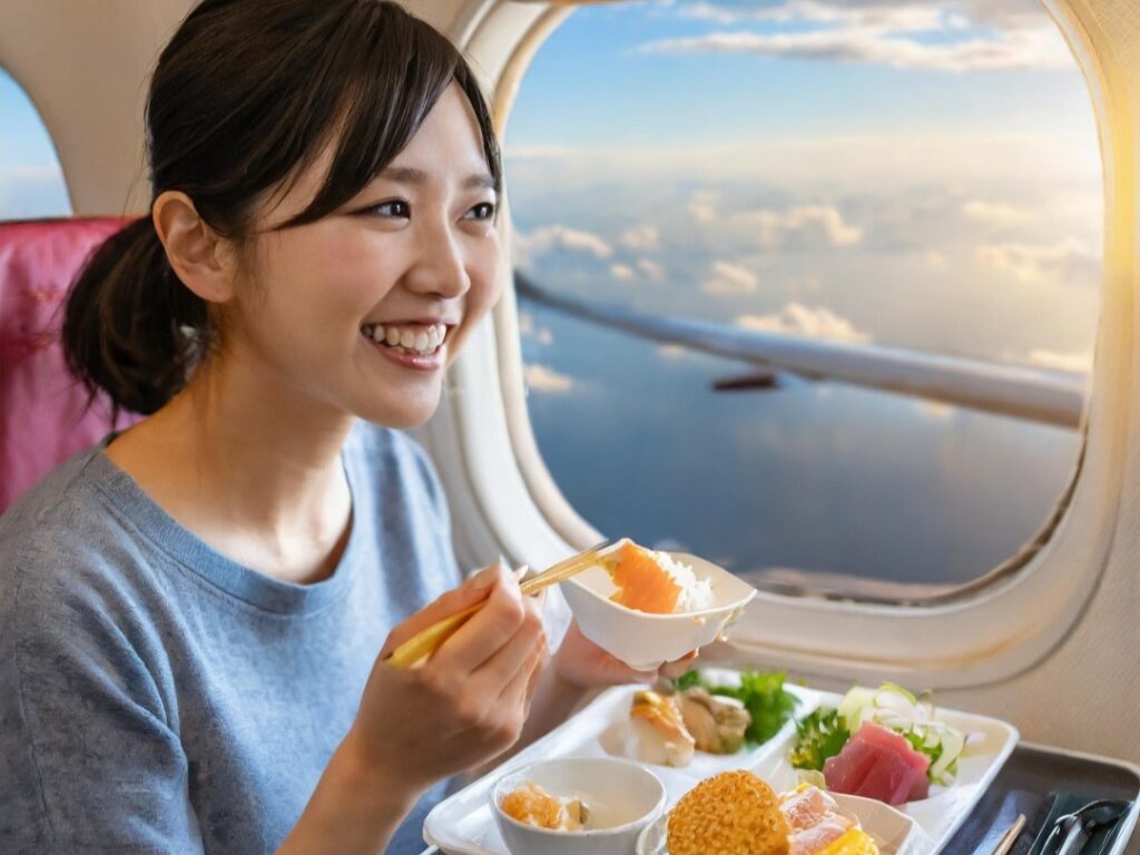 機内食を食べている女性
